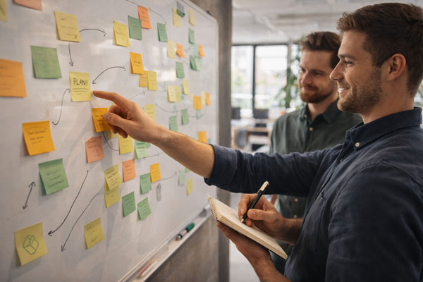 Marketing-Strategieplanung mit Post-Its und Whiteboards